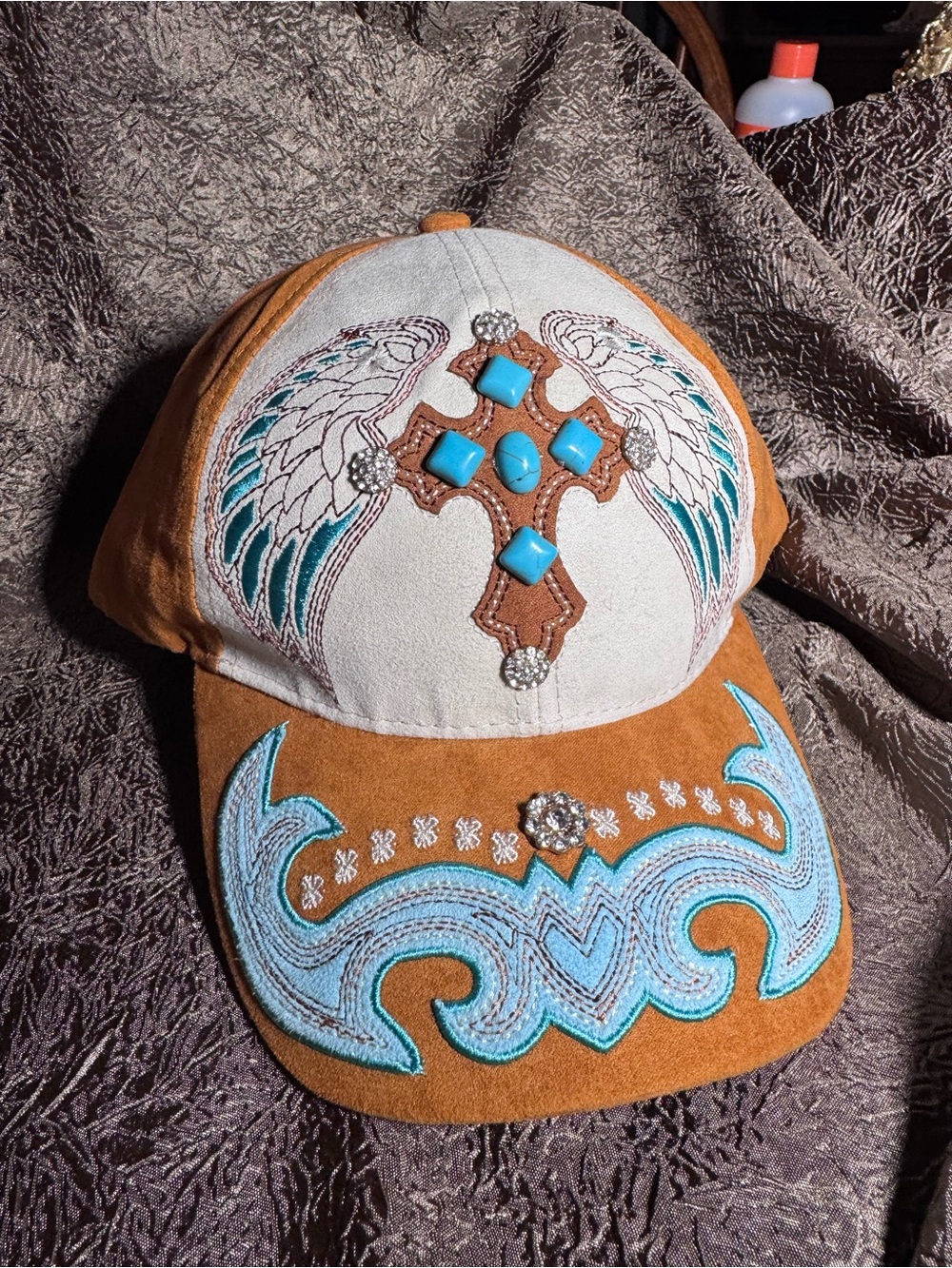 Embellished Cross & Wings Suede Baseball Cap - Turquoise Accents